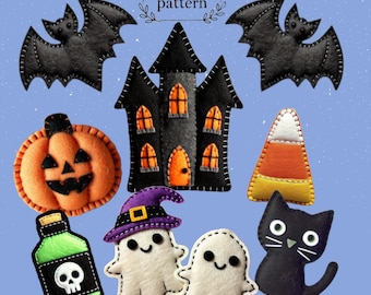May include: A set of felt Halloween patterns for crafting. The patterns include a black bat, a black haunted house, an orange pumpkin, a yellow and orange candy corn, a green potion bottle, two white ghosts with purple hats, and a black cat.