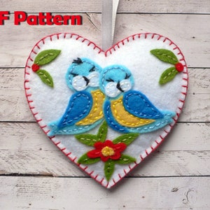 Pdf Sewing Pattern Felt Heart with Birds - Felt Ornament Easy Sewing Project - DIY Handmade Heart Ornament, Anniversary Valentine Heart Gift
