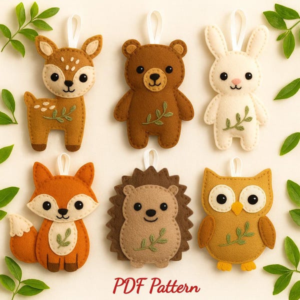 Bosdieren vilten ornamentpatronen, set van 6 bosdieren met eenvoudig borduurwerk, doe-het-zelfstudie van reekalf beer konijn vos egel uil