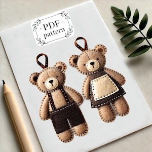 Felt Teddy Bear Pair PDF Pattern and Tutorial Instant Download, Boy and Girl Bear Ornaments Handmade Christmas Decor or Valentine&#39;s Day Gift