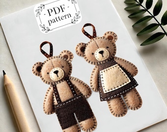 Felt Teddy Bear Pair PDF Pattern and Tutorial Instant Download, Boy and Girl Bear Ornaments Handmade Christmas Decor or Valentine&#39;s Day Gift
