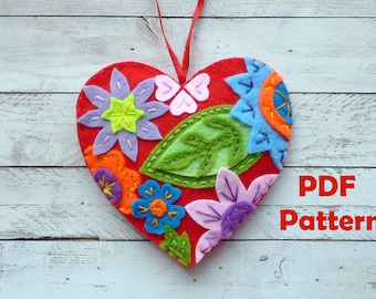 Heart Ornament Sewing Pattern, DIY Handmade Heart Gift instant download, Mother&#39;s Day Gift, Valentines Day Colorful Floral Felt Heart