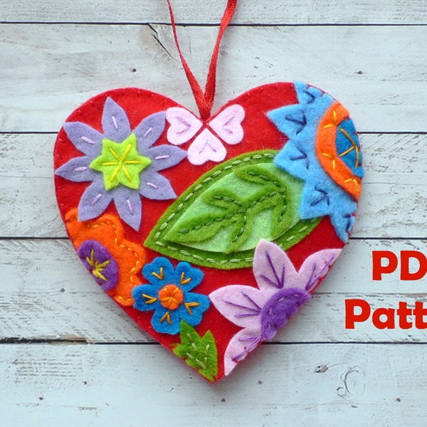 Heart Ornament Sewing Pattern, DIY Handmade Heart Gift instant download, Mother's Day Gift, Valentines Day Colorful Floral Heart of Felt
