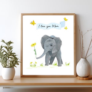 Personalisierte Muttertag Druck Geschenk für Mama Geburtstag personalisierte Blume Stengel Wand Kunst mit Aquarell Baby Elefant, Kinder Geschenk für Oma