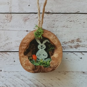 Bunny in Walnut Shell Ornament Easter Gift, Natural Home Decoration Miniature Doll House Handmade Easter Hanging Decor, Nutshell Diorama