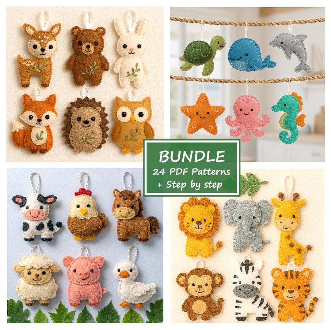 24 Felt Animal Patterns Bundle, Woodland Ocean Farm Safari Animal ...