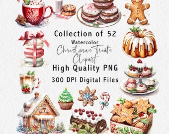 Christmas Treats Clipart - 52 Digital Graphics for instant download, Watercolor PNG files - Commercial Use - Candy cane - Gingerbread House