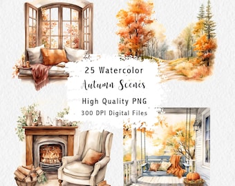 May include: A set of 25 watercolor illustrations featuring autumn scenes. The illustrations include a window with a view of fall foliage, a fireplace with a cozy armchair, and a porch swing with a blanket and pumpkins. The text "25 Watercolor Autumn Scenes" and "High Quality PNG 300 DPI Digital Files" is included in the image.