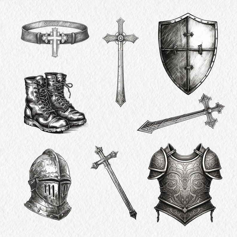 Armor of God Clipart 23 Digital Graphics for instant download Gray scale Black and White Commercial Use PNG files 300dpi image 3