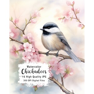 Chickadee Digital Art Watercolor Clipart - 16 Digital Graphics for instant download - Commercial Use - JPG files