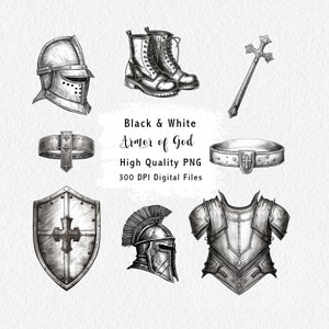 May include: Black and white digital illustrations of the armor of God. The set includes a helmet, shield, breastplate, belt, boots, and a sword.  The illustrations are in a hand-drawn style.