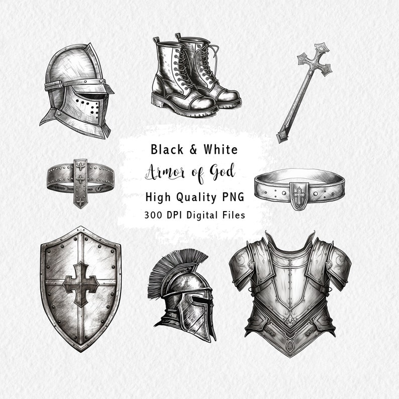 Armor of God Clipart 23 Digital Graphics for instant download Gray scale Black and White Commercial Use PNG files 300dpi image 1