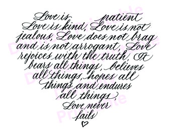 1 Corinthians Calligraphy heart - Hand lettered - Digital Download - Clipart - Love verse - phrase for wedding