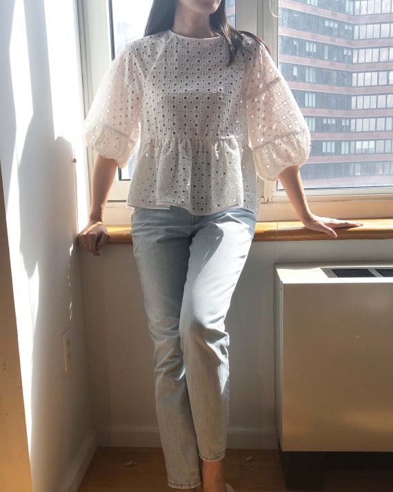 Eyelet White Blouse Women Cotton Shirt 