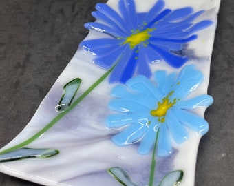 Blue Flowers 3; Modern fused art glass plate, dish, spoon rest made with blue, white, dusty lilac, yellow and green glass