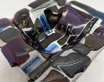 Irid 12; Iridized Fused Glass Cigar Ashtray - Multicolored Clear with Gold, Silver, Copper & Red - Unique Handmade Art Deco Style