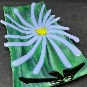Tropical Flower Fused Glass Dish Spoon Rest - Modern Art Glass with Lavender, Green & Yellow Accents - Handmade Decor Gift