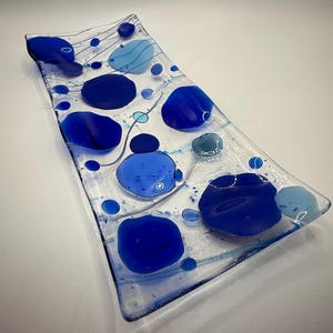 Modern Fused Art Glass Plate - Blue Dots 24 - Clear & Blue Glass Dish/Spoon Rest - Handmade Decorative Home Decor