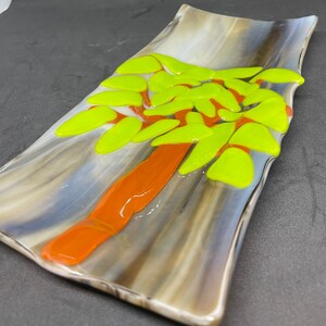 Summer Tree; Fused Art Glass Plate/Dish - Modern Spoon Rest in Green & Brown Streaky Glass - Unique Handmade Home Decor