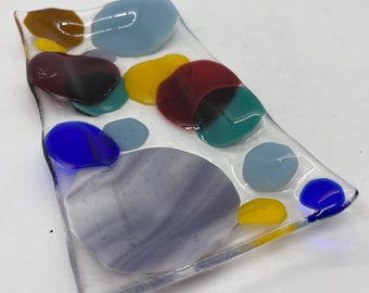 Color Dots 1; Modern fused art glass plate, dish, spoon rest made with clear and multicolor glass