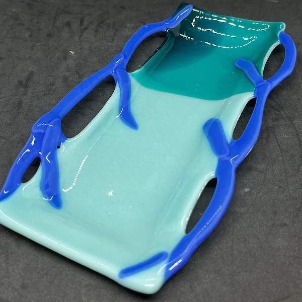 Helix 4; Modern style fused art glass spoon rest made with special production teal green and seagreen glass with blue accents