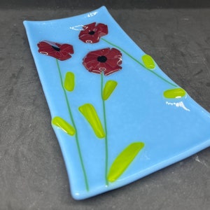 Modern Fused Glass Plate - Red Poppies 15 Design - Multi-Color Dish, Spoon Rest in Glacier Blue, Green & Black