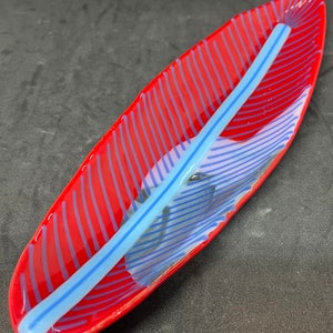 Feather 17; Modern Fused Art Glass oval Spoon rest dish made with light blue, true blue and red glass