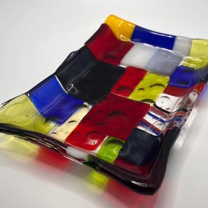 Patchwork 17; Modern Fused Art Glass rectangular soap dish with blue,  red, green and yellow; Handcrafted Fused Glass Soap Dish
