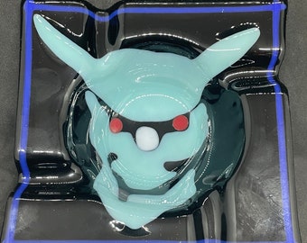 Devil; Fused Art Glass Cigar Ashtray - Bluegreen, Black, Red & White Accents - Unique Handmade Gift