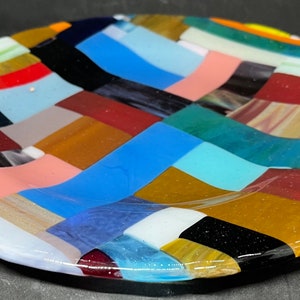 Patchwork 8; Handcrafted Multicolored Fused Glass Dinner Plate: A Favorite Creation orange, red, brown, blue and yellow glass