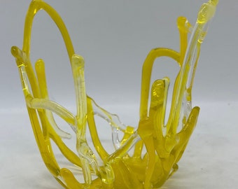 Yellow Flame 3;  Modern Fused Art Glass art votive candleholder made with brilliant yellow translucent glass.