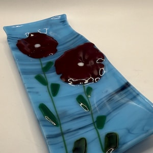 Red Poppies 18,  Modern fused art glass plate, dish, spoon rest made with glacier streaky blue, green, red and white glass