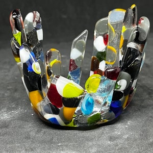 Rainbow dots 14; Art Glass Votive Candleholder - Modern Fused Glass with Rainbow Dots, Multicolored Decorative Accent