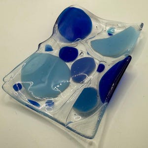 Modern Fused Art Glass Dish - Blue Dots 24 - Clear & Blue Glass Dish/Soap Dish - Handmade Decorative Home Decor