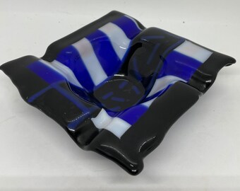 Black Blue White Fused Art Glass Cigar Ashtray - Elegant Square Design - Handmade Gift for Smokers