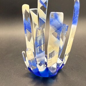 Dream 3; Modern Fused art Glass votive candleholder made with blue and white glass