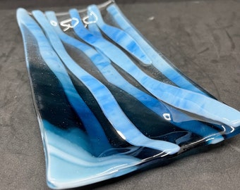 Waves 3; Modern fused art glass plate, dish, spoon rest made with clear and blue glass