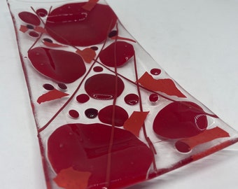 Red Dots 13; Modern fused art glass plate, dish, spoon rest made with clear and red glass