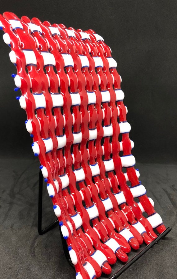 Weave Style Fused Art Glass Spoon Rest Made With Red White And Blue Glass