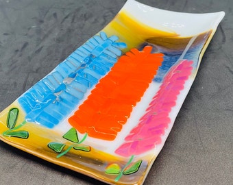Spring flowers 7; Modern fused art glass plate, dish, spoon rest made with blue, green, orange and pink glass