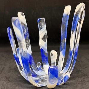 Cool Blue 2; Modern Fused art Glass votive candleholder made with blue and vanilla translucent glass