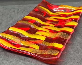 Orange dreams 2; Modern Fused art glass spoon rest made with red, yellow, orange glass