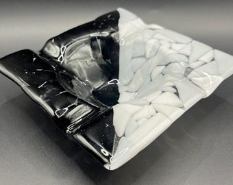 Split; Black & white Fused Art Glass Cigar Ashtray - Handmade Unique Square Design for Collectors