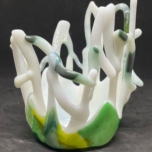 Tulip, Modern Fused art Glass votive candleholder made with White, green and steel jade glass
