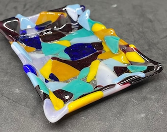 ColorFull 2; Modern Fused Art Glass rectangular soap dish with blue, yellow, red, green and orange