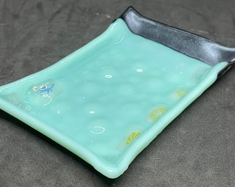 HP 2; Modern teal green and iridized silver fused art glass soap dish