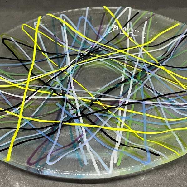 Bird's nest 11; Multicolored fused art glass plate made with multicolored stringers and clear glass