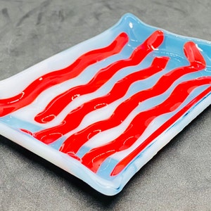 Red Waves; Modern Fused Art Glass soap dish, spoon rest, red, light blue and white glass