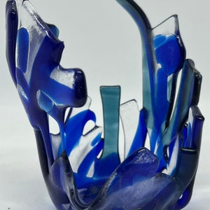 Blue Splash 12; Modern Fused art Glass votive candleholder made with blue hued translucent glass