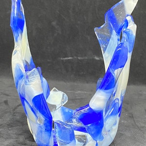 Dream 2; Modern Fused art Glass votive candleholder made with blue and white glass
